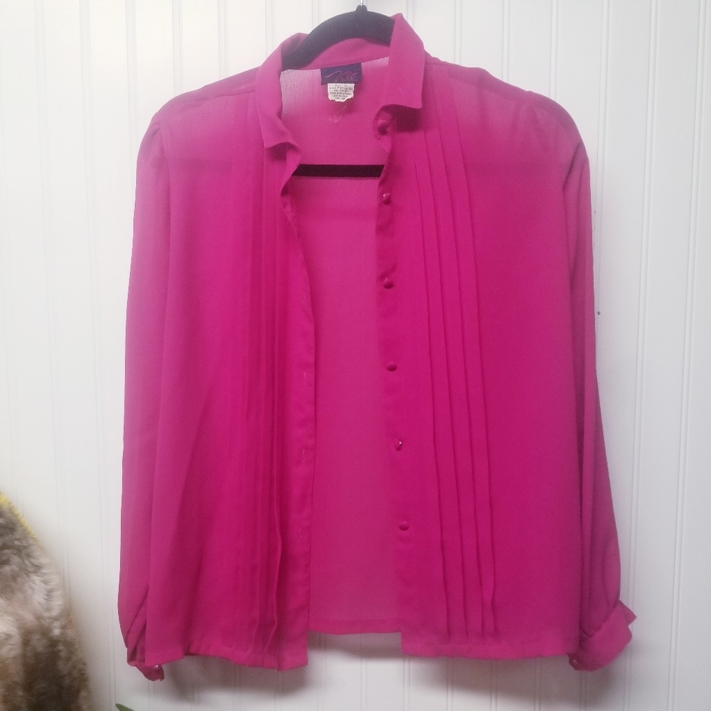 Vintage KLE Pleated Pink Button up Blouse Size Sm